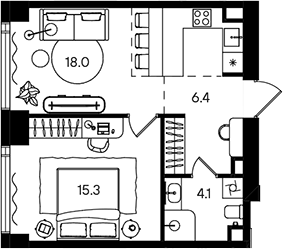 2-комн., 43.8 м², 26/50 этаж, ЖК «СТОУН Блик»