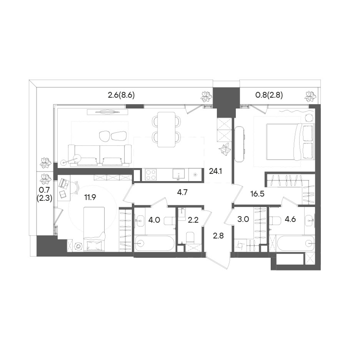 3-комн., 73.8 м², 24/45 этаж, ЖК «СТОУН Грэйн»