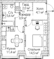 1-комн., 41.25 м², 38/60 этаж, ЖК «СЕЗАР БУДУЩЕЕ»