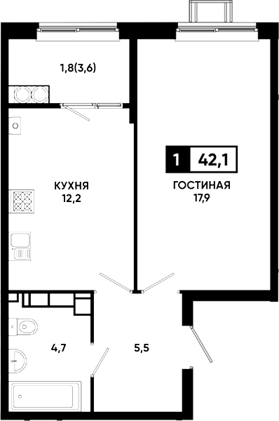 1-комн., 40.3 м², 13/23 этаж, ЖК «Резиденция Софи»