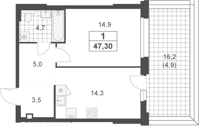 1-комн., 42.4 м², 2/23 этаж, ЖК «Южные сады»