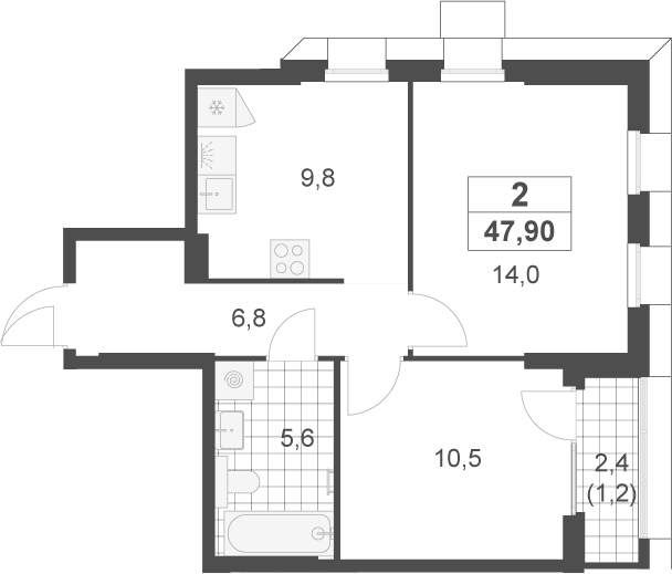 2-комн., 46.7 м², 6/22 этаж, ЖК «Скандинавия»