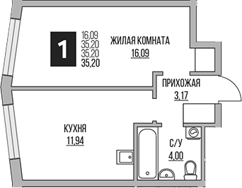 1-комн., 35.2 м², 2/14 этаж, ЖК «Гранель Притяжение Сити»