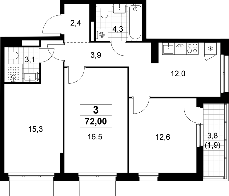 3-комн., 70.1 м², 14/19 этаж, ЖК «Деснаречье»