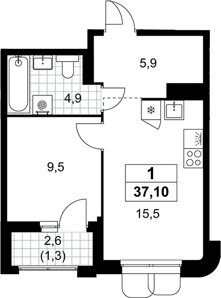 2-комн., 35.8 м², 15/16 этаж, ЖК «Прокшино»