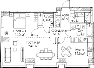 2-комн., 74.88 м², 13/60 этаж, ЖК «СЕЗАР БУДУЩЕЕ»
