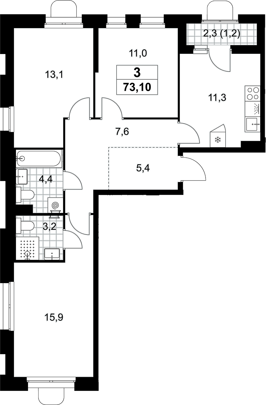 3-комн., 71.9 м², 6/10 этаж, ЖК «Прокшино»