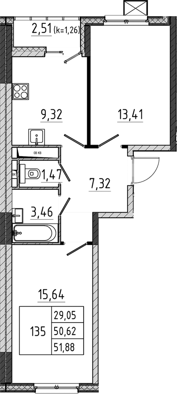 2-комн., 50.62 м², 7/17 этаж, ЖК «Поварово-Молодежный-2»