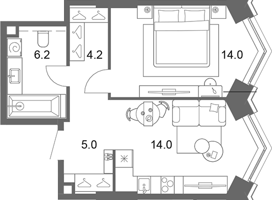 2-комн., 43.4 м², 2/13 этаж, ЖК «ОМ Ботанический»