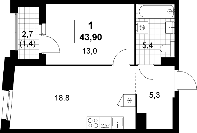 2-комн., 42.5 м², 6/14 этаж, ЖК «Прокшино»