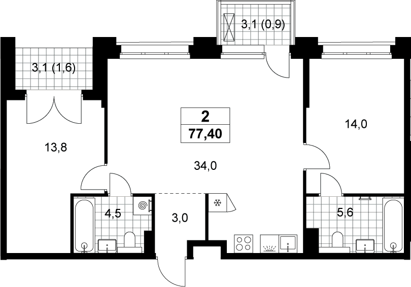 3-комн., 74.9 м², 4/13 этаж, ЖК «Хольм»