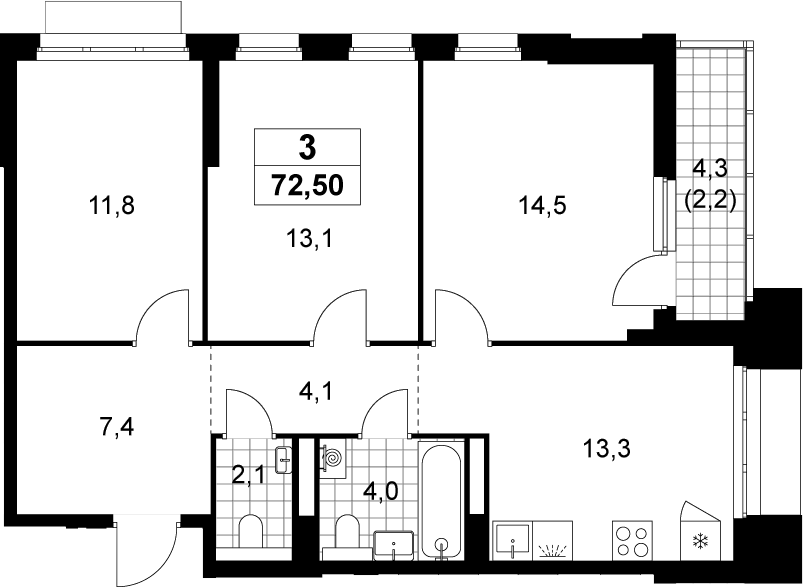 3-комн., 70.3 м², 6/22 этаж, ЖК «Деснаречье»