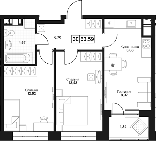 3-комн., 52.25 м², 6/13 этаж, ЖК «Пушкино Град»