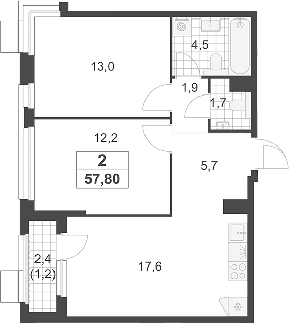3-комн., 56.6 м², 6/19 этаж, ЖК «Южные сады»