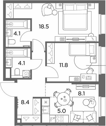3-комн., 60 м², 2/6 этаж, ЖК «Станиславский»