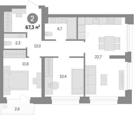 2-комн., 64.7 м², 25/43 этаж, ЖК «Квартал Издание»