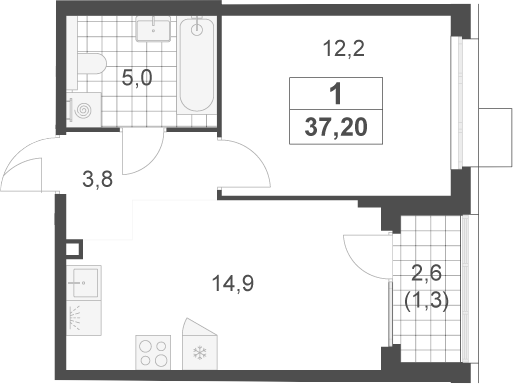 1-комн., 35.9 м², 2/17 этаж, ЖК «Скандинавия»