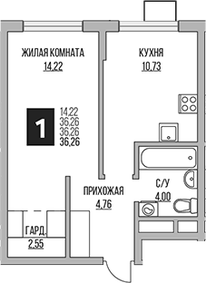 1-комн., 36.26 м², 12/12 этаж, ЖК «Гранель Мытищи»