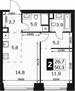 2-комн., 50.3 м², 4/40 этаж, ЖК «Амбер Сити»