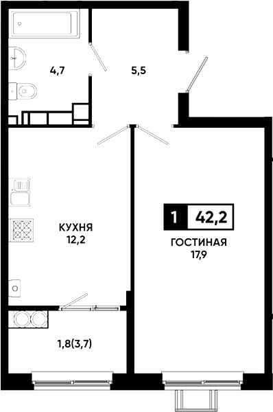 1-комн., 40.3 м², 13/23 этаж, ЖК «Резиденция Софи»