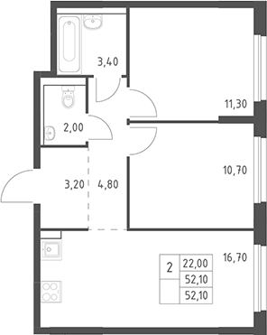 3-комн., 52.1 м², 14/20 этаж, ЖК «Химки Парк»