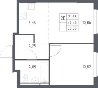 2-комн., 36.36 м², 3/17 этаж, ЖК «Мытищи Парк»