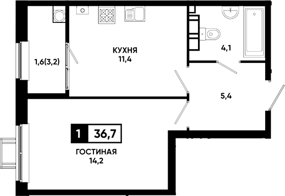 1-комн., 35.1 м², 5/23 этаж, ЖК «Резиденция Софи»