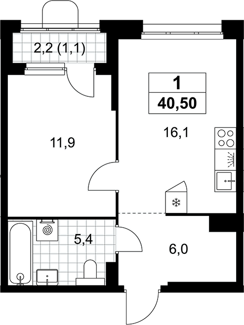 2-комн., 39.4 м², 5/6 этаж, ЖК «Прокшино»