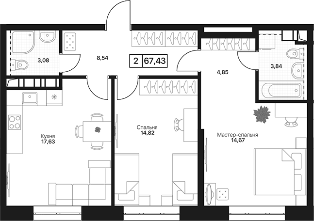 2-комн., 67.43 м², 2/17 этаж, ЖК «Пушкино Град»