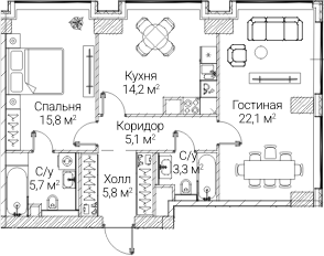 2-комн., 71.75 м², 14/60 этаж, ЖК «СЕЗАР БУДУЩЕЕ»