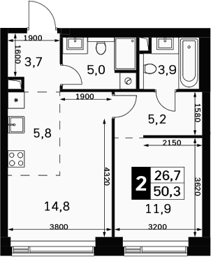 2-комн., 50.3 м², 25/40 этаж, ЖК «Амбер Сити»