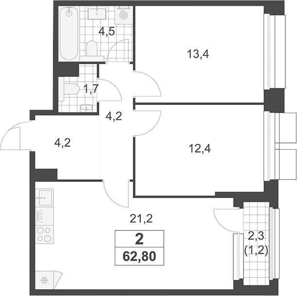 3-комн., 61.6 м², 7/19 этаж, ЖК «Южные сады»