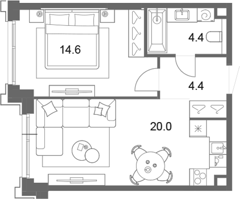 2-комн., 43.4 м², 16/19 этаж, ЖК «ОМ Ботанический»