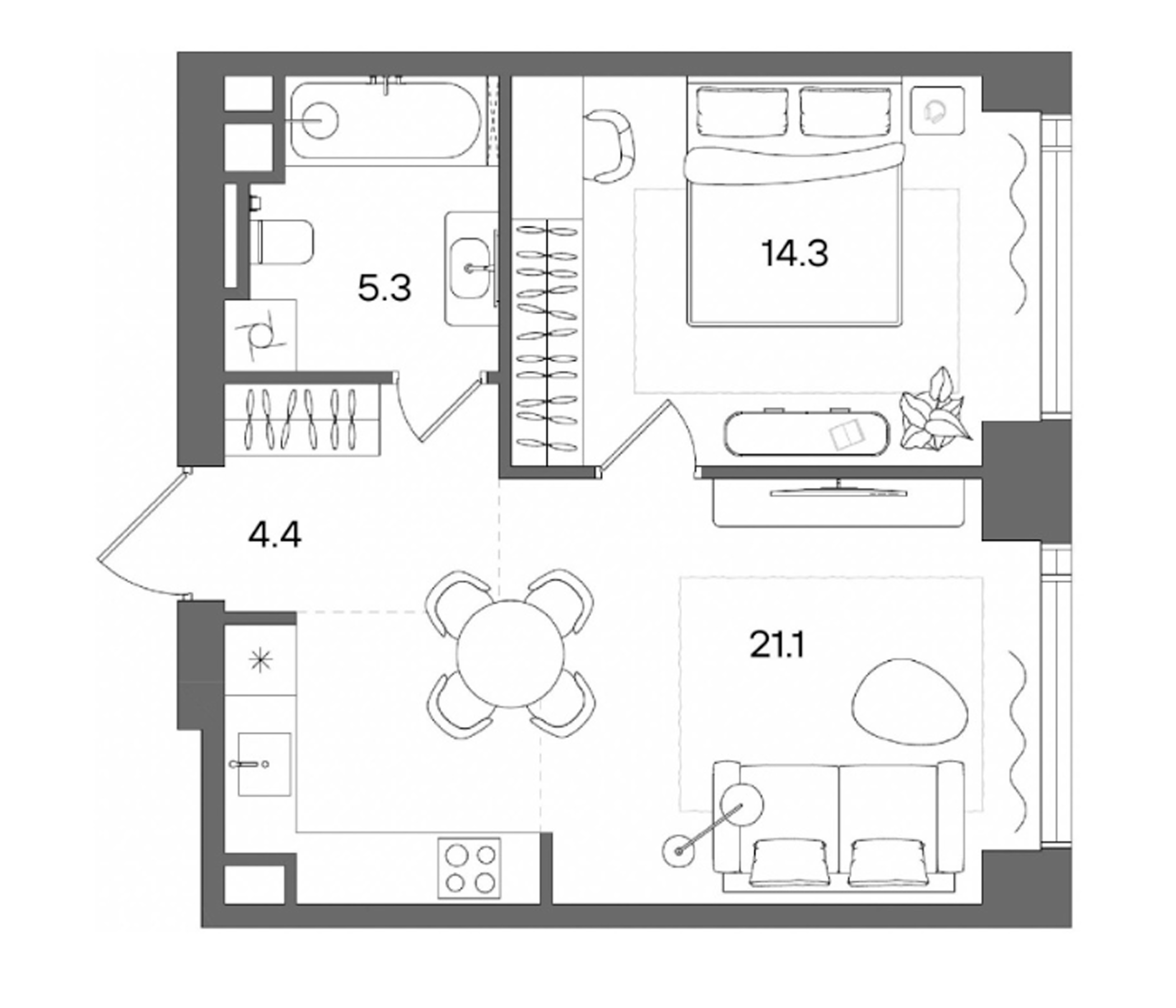 2-комн., 45.1 м², 40/50 этаж, ЖК «СТОУН Блик»