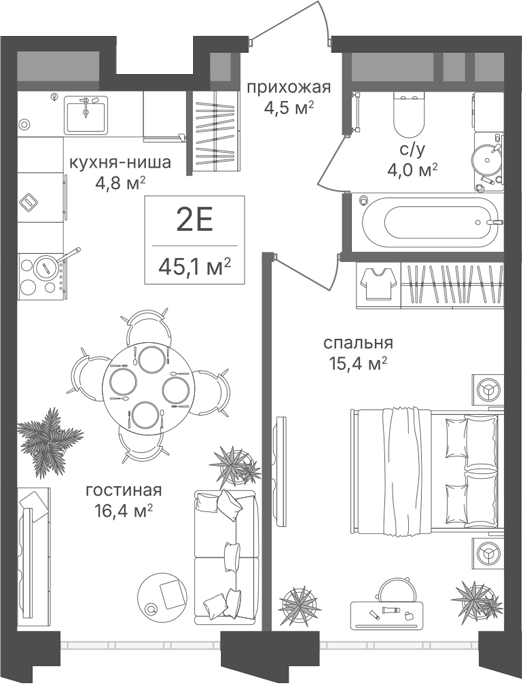 2-комн., 45.1 м², 14/20 этаж, ЖК «Михалковский»