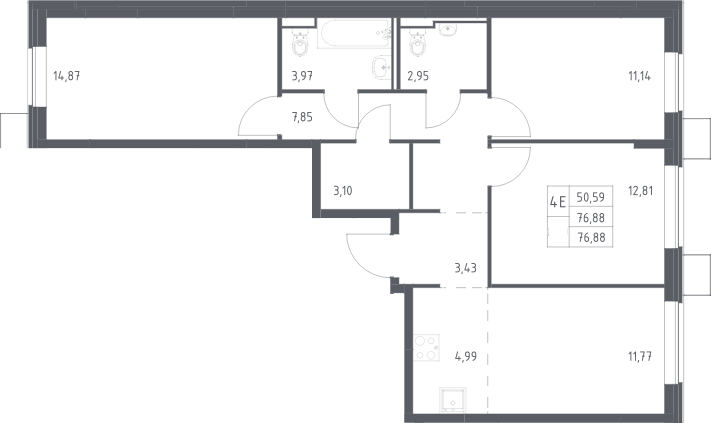 4+ комнаты, 76.88 м², 12/16 этаж, ЖК «Прибрежный Парк»