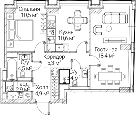 2-комн., 61.1 м², 37/60 этаж, ЖК «СЕЗАР БУДУЩЕЕ»