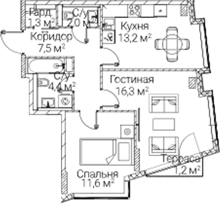 2-комн., 56.3 м², 11/12 этаж, ЖК «СЕЗАР БУДУЩЕЕ»
