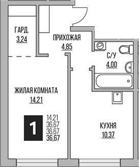 1-комн., 36.67 м², 5/14 этаж, ЖК «Гранель Притяжение Сити»