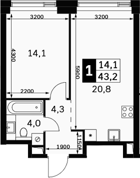 2-комн., 43.2 м², 24/40 этаж, ЖК «Амбер Сити»