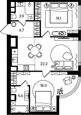 3-комн., 67.5 м², 38/50 этаж, ЖК «СТОУН Блик»