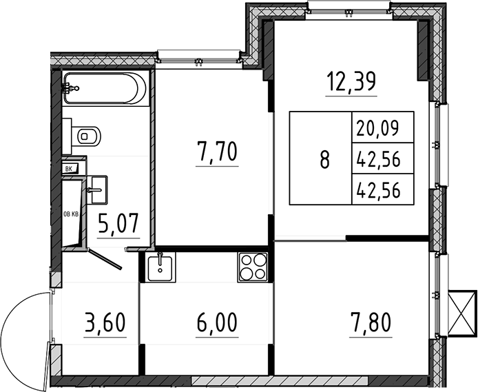 2-комн., 42.56 м², 4/17 этаж, ЖК «Поварово-Молодежный-2»