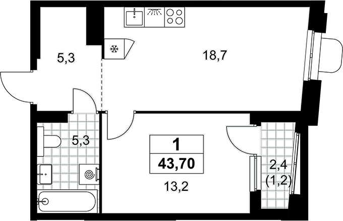 2-комн., 42.5 м², 12/16 этаж, ЖК «Прокшино»