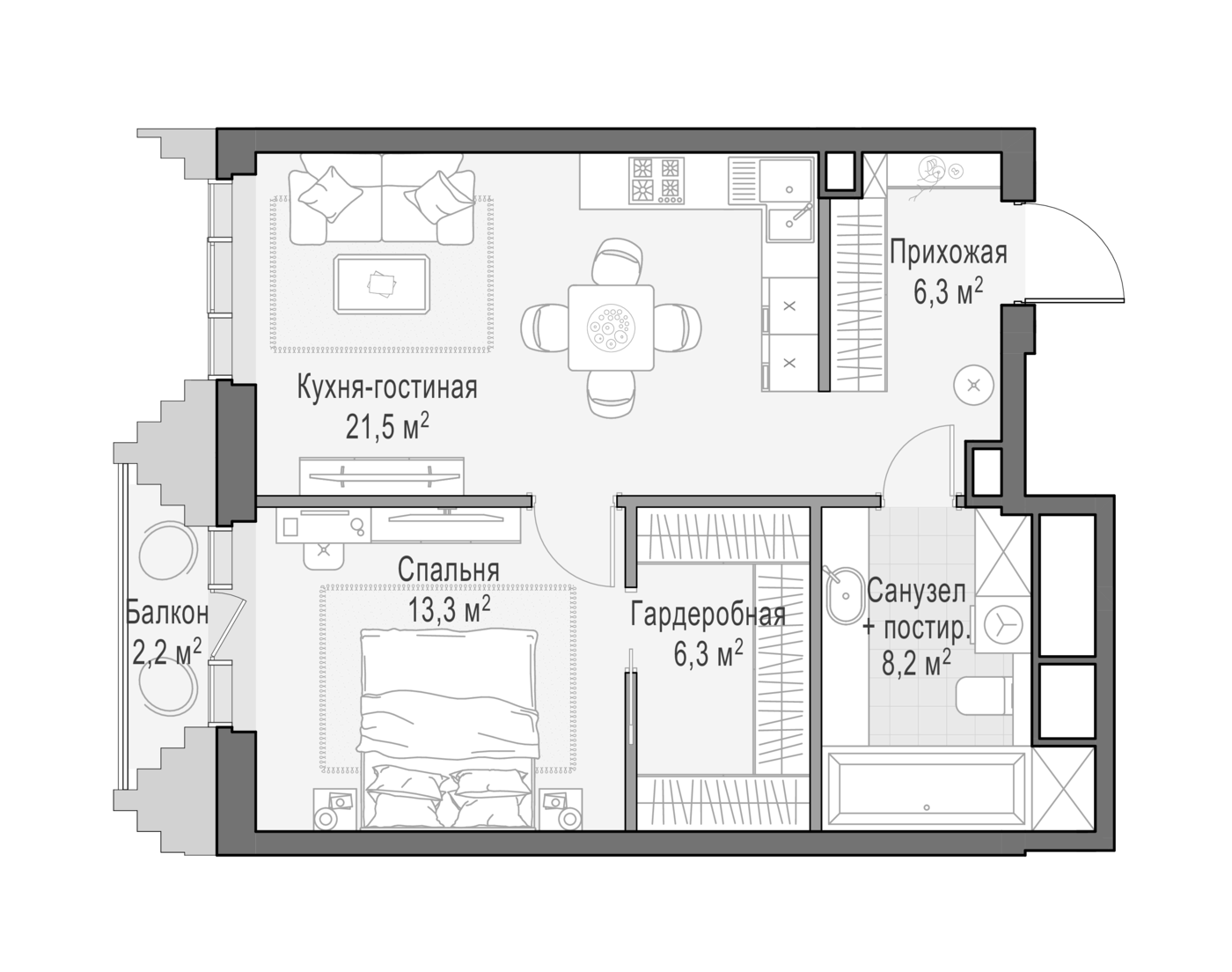 2-комн., 55.34 м², 8/14 этаж, ЖК «Квартал Тишинский бульвар»