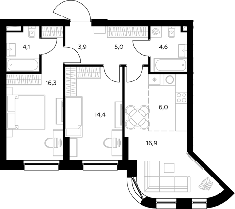 3-комн., 71.4 м², 11/43 этаж, ЖК «Адмирал»