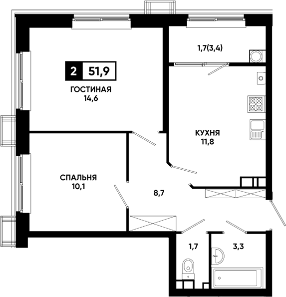 2-комн., 50.2 м², 2/23 этаж, ЖК «Резиденция Софи»