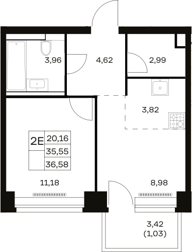2-комн., 35.55 м², 5/32 этаж, ЖК «НОВА»