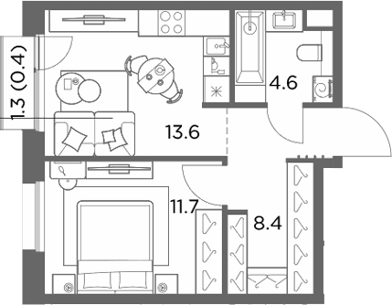 1-комн., 38.3 м², 6/6 этаж, ЖК «Станиславский»
