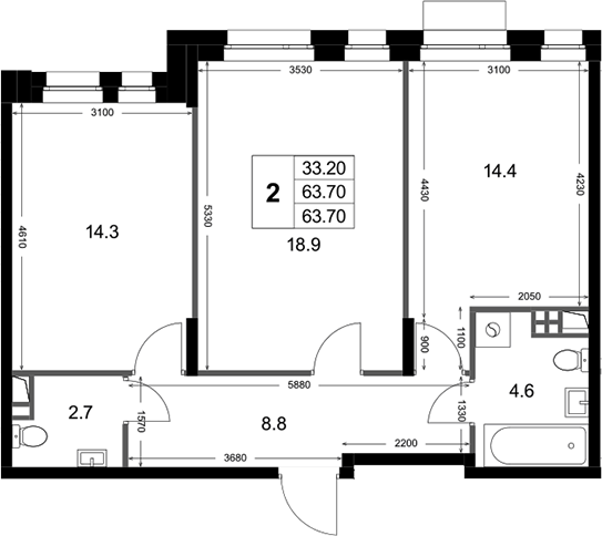 2-комн., 63.7 м², 3/3 этаж, ЖК «Кореневский Форт 2.3»