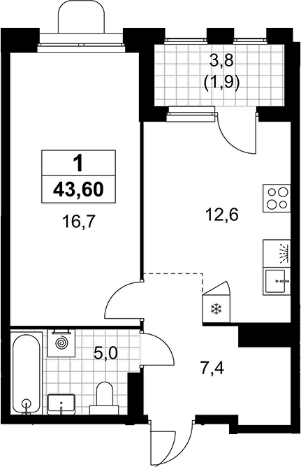 1-комн., 41.7 м², 13/16 этаж, ЖК «Прокшино»